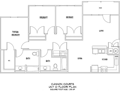 Floor plan for 3 beds, 2 baths, 1199 sqft